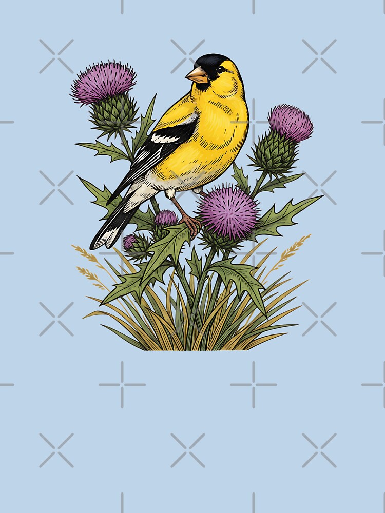 American Goldfinch Sitting Among Purple Thistle Bird Art by BirdsnStuff Unisex