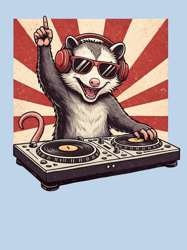 DJ Opossum Turntable Graphic Tee | Retro Sunburst Vinyl Record by OlliewoodTs