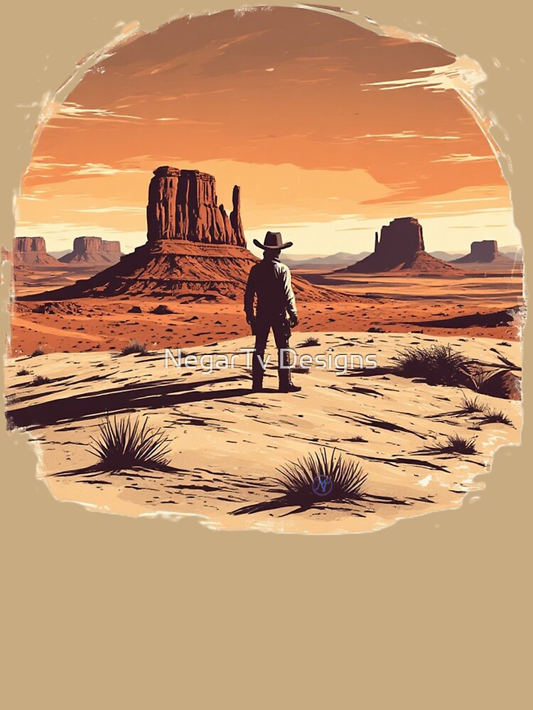 Lone Cowboy in the Wild West Desert – Vintage Western Landscape by NegarTv Designs by NegarTv Designs