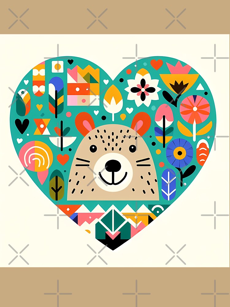 Cute Smiling Capybara in Heart with Flowers - Scandinavian Folk Art by heidiannemorris © by FOLK ART FUSION
