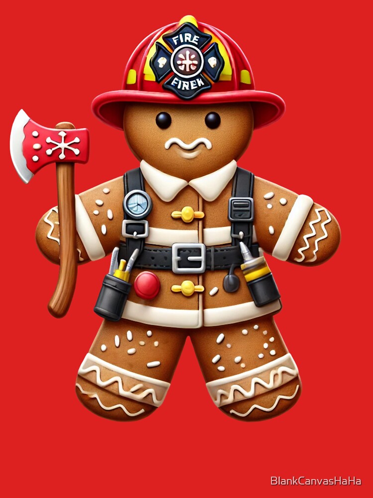 Gingerbread Firefighter T-Shirt – Fun Holiday Firefighter Christmas Design by BlankCanvasHaHa