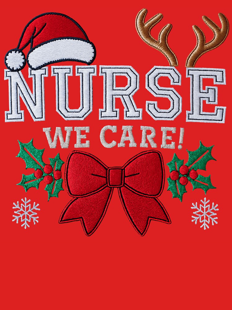 Festive Nurse Christmas Sweatshirt – Nurse We Care Embroidered Holiday Crewneck with Santa Hat, Antlers & Bow by ZyxDes
