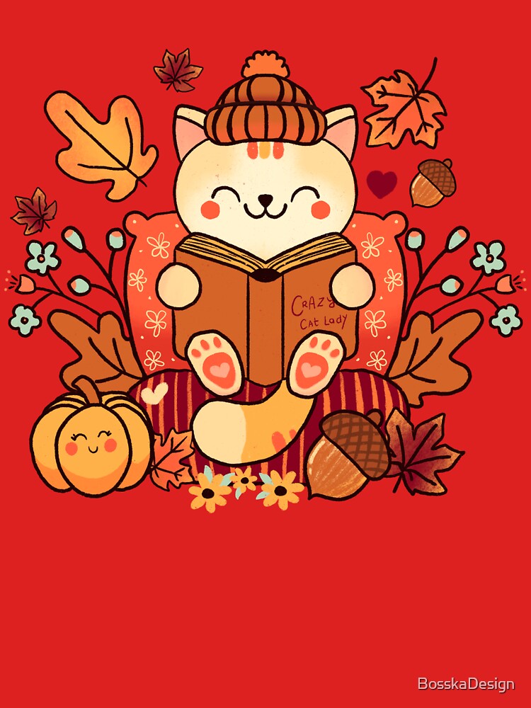 Cute designs for bookish cat moms and dads, fall bookish design by BosskaDesign