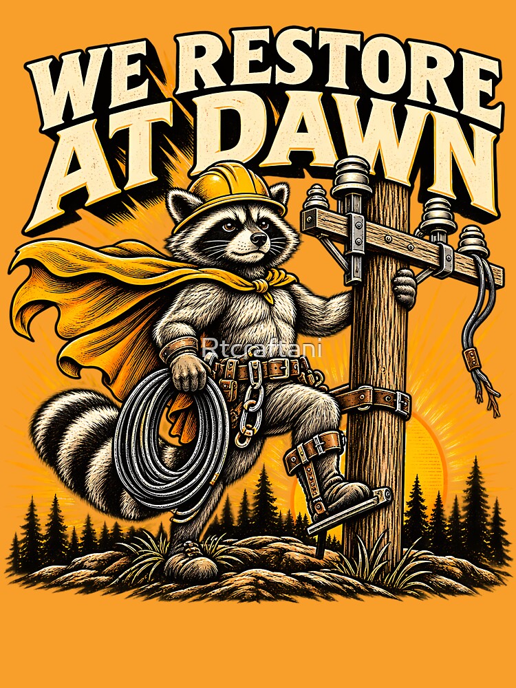We Restore at Dawn – Funny Power Lineman Raccoon Storm Restoration Humor by Rtcraftani