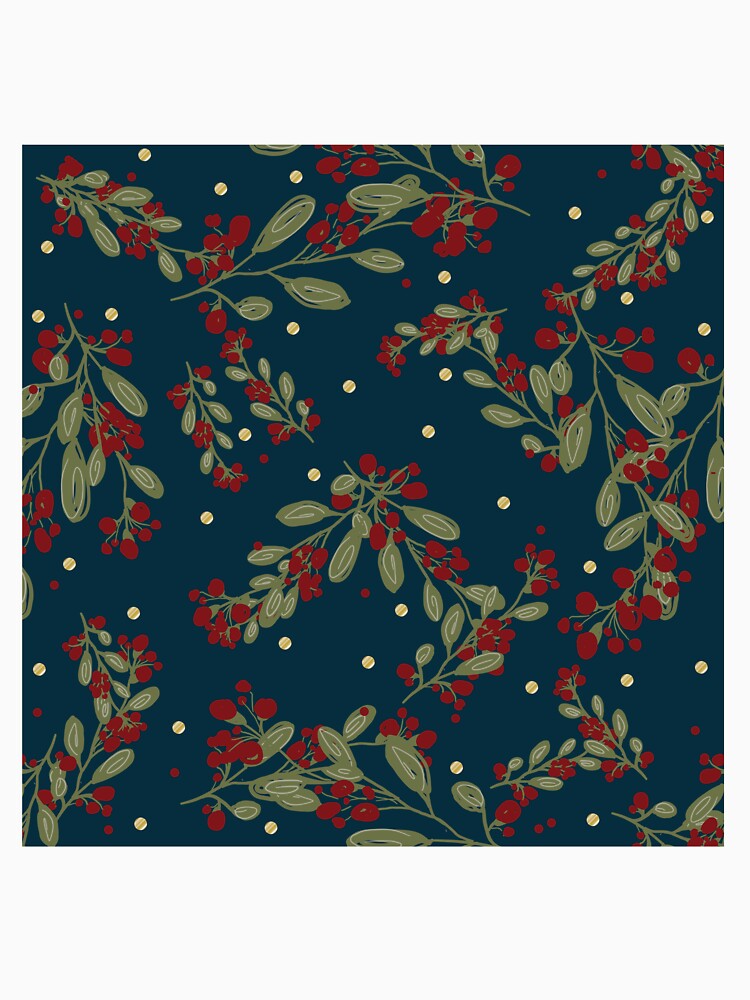 Copy of Copy of Holly Jolly Greens ;  Red Fruits & Yuletide Leaves on Mid Night Blue by PrintsByAnnJ