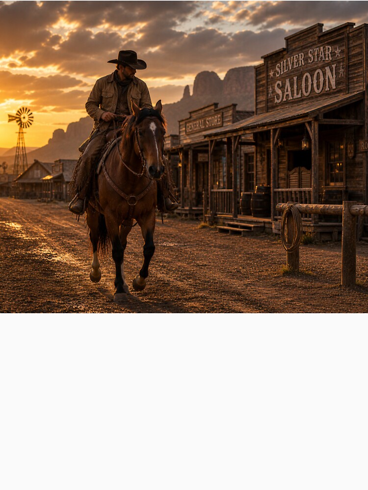 Cowboy Riding Through Old Western Town – Wild West Sunset Art by  QuarterHorseArt by Just my Studio