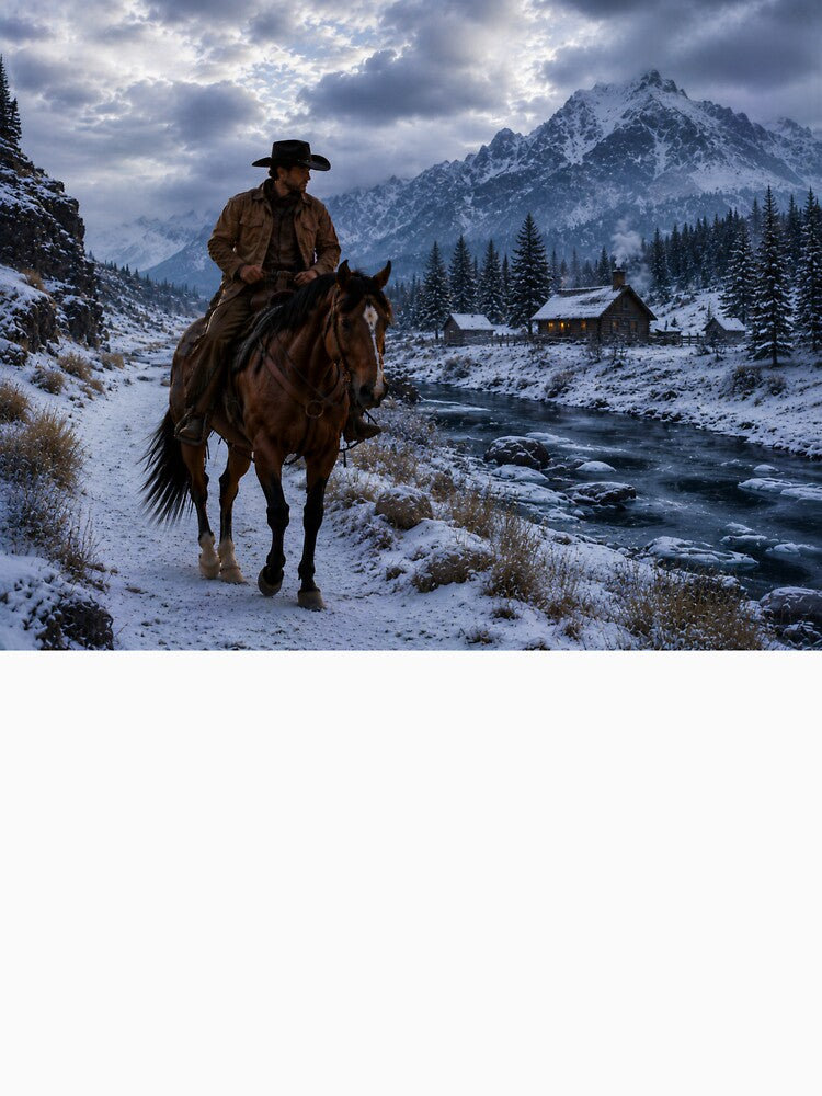 Cowboy Riding Through Snowy River Valley – Western Winter Landscape Art by  QuarterHorseArt by Just my Studio