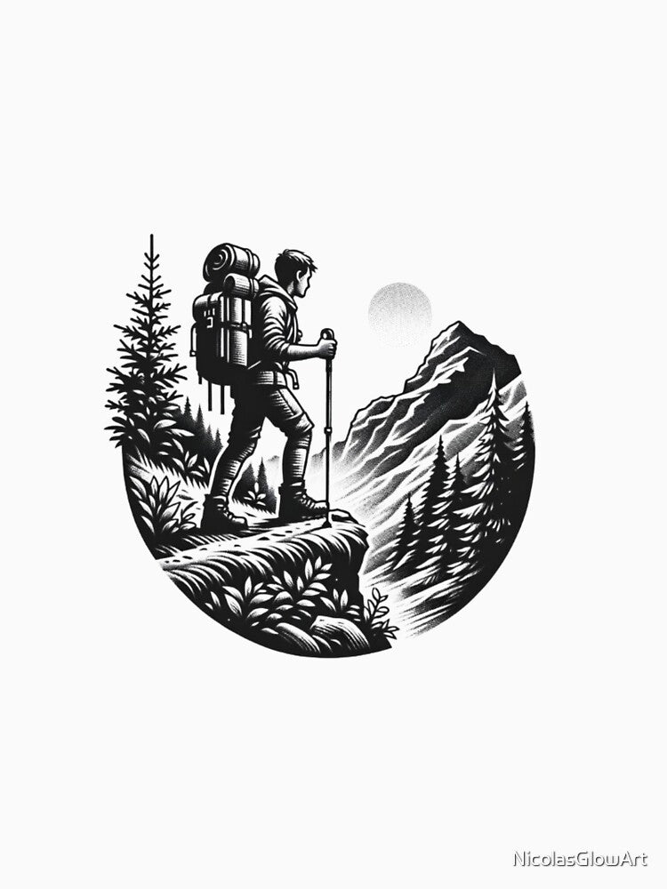 Hiker On Journey | T-Shirt, Sticker by NicolasGlowArt