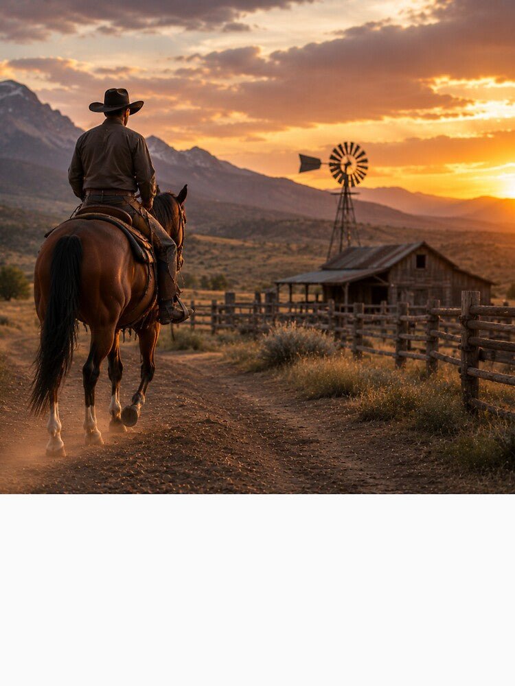 Cowboy Riding Into Sunset – Western Ranch Country Artwork by  QuarterHorseArt by Just my Studio