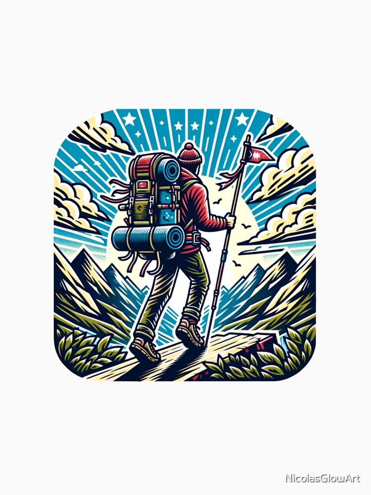 Hiking Exploring | T-Shirt, Sticker by NicolasGlowArt
