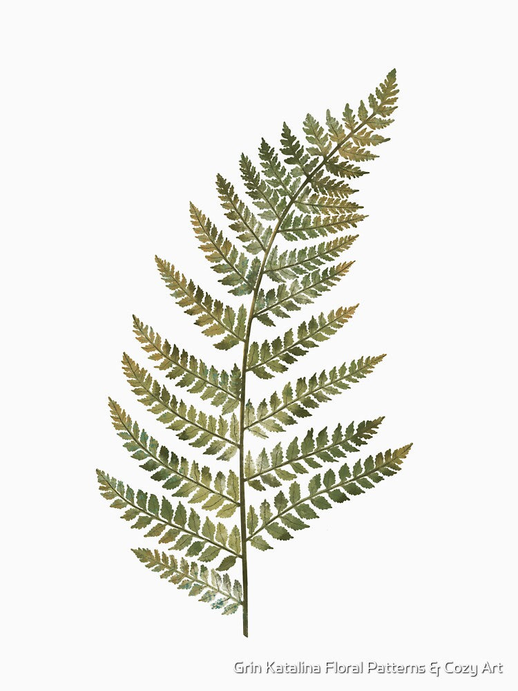 Detailed botanical illustration of a green fern leaf. by Grin Katalina Floral Patterns & Cozy Art