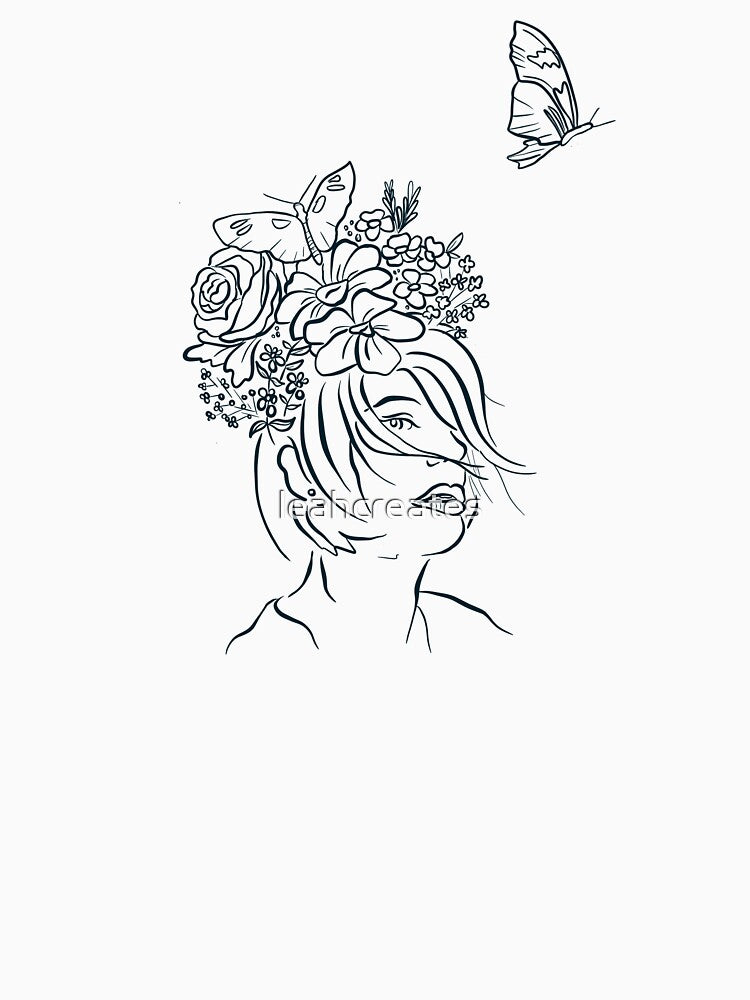 Minimalist Line Drawing Lady with Flowers and Butterflies by leahcreates