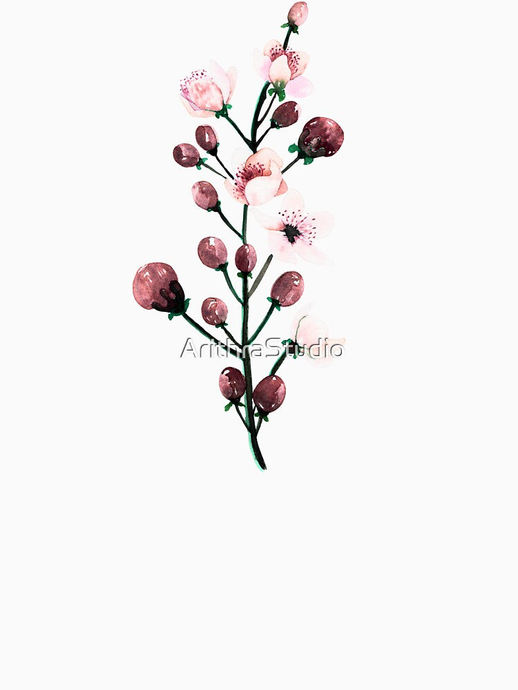 Tall Pink Blossom Botanical Branch Watercolour by ArithraStudio