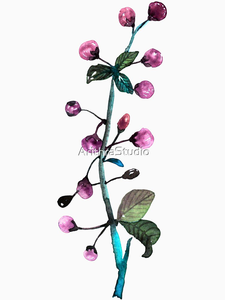 Pink Berry Botanical Branch Watercolour by ArithraStudio