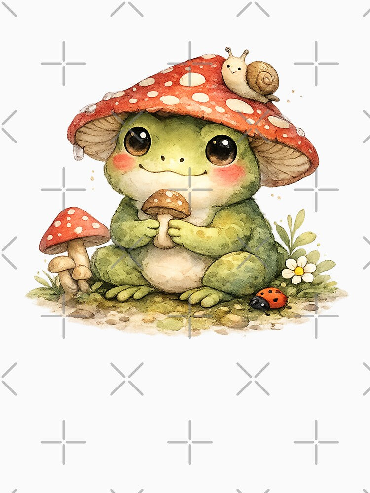 Cute Frog with Mushroom Hat – Cottagecore Watercolor Frog Illustration by StickyDelights