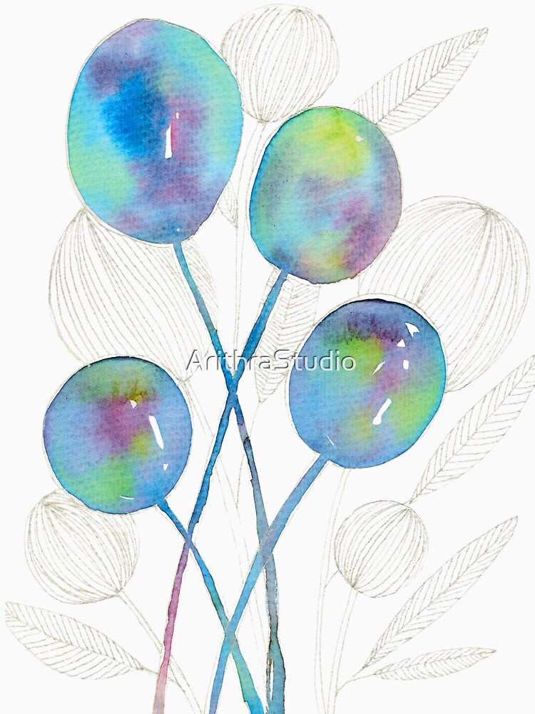 Blue Botanical Seed Pods: Watercolour Line Art by ArithraStudio
