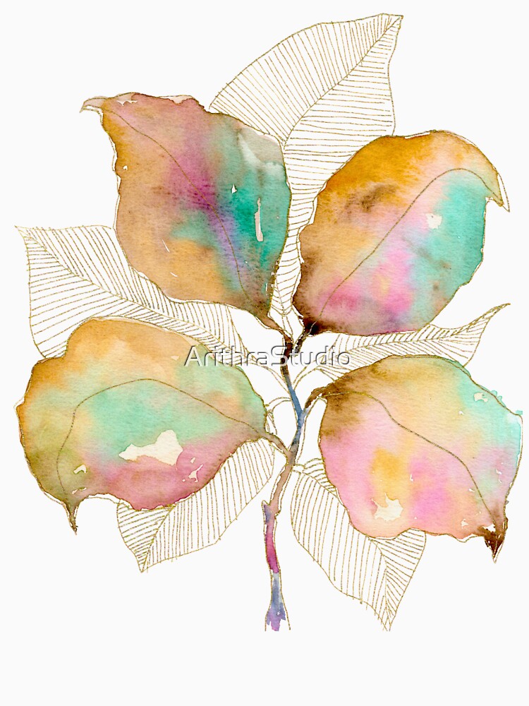 Pastel Botanical Leaves: Mint Pink Watercolour Gold Linework by ArithraStudio