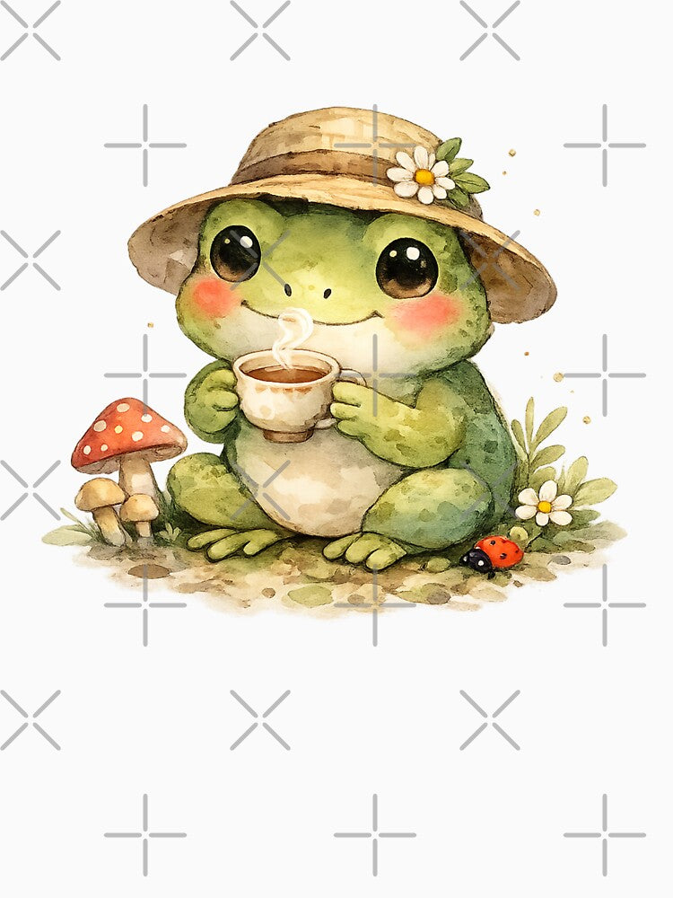 Cozy Frog Tea Time – Cute Watercolor Frog Cottagecore Illustration by StickyDelights