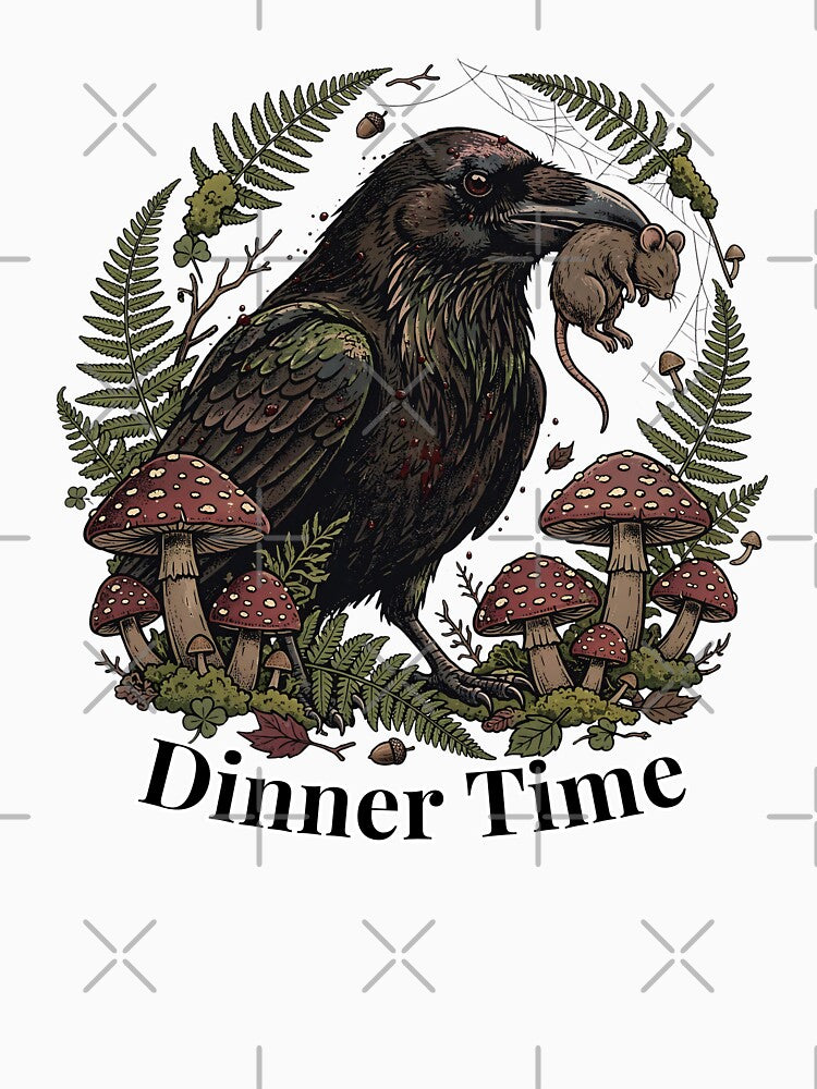 Dinner Time Raven Mouse Amanita Mushroom Dark Cottagecore Art Goblincore Halloween Morbid Humor by Neurospicy Trolls