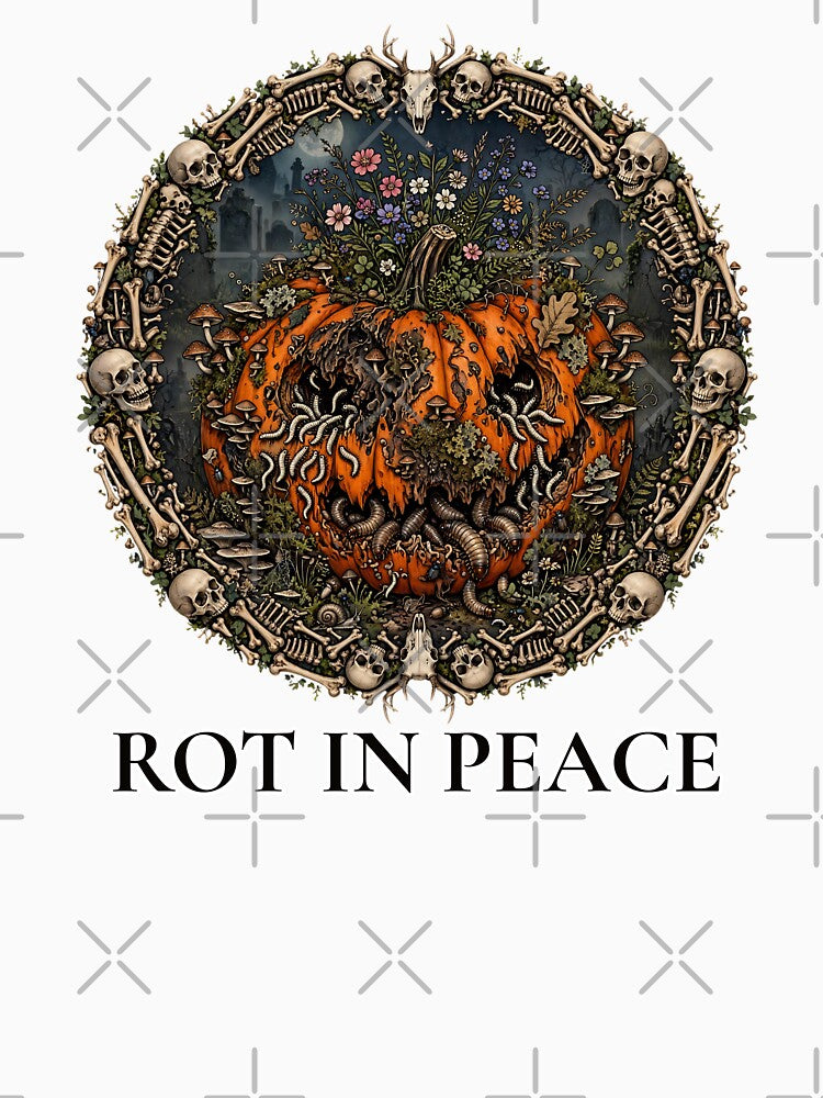 Rot In Peace Rotting Pumpkin Skull Wreath Goblincore Halloween Art by Neurospicy Trolls