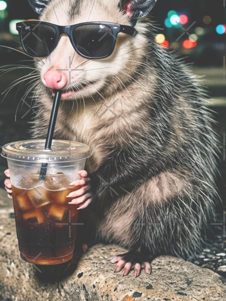 Cool Opossum Drinking Iced Coffee Night City Street by raedattia