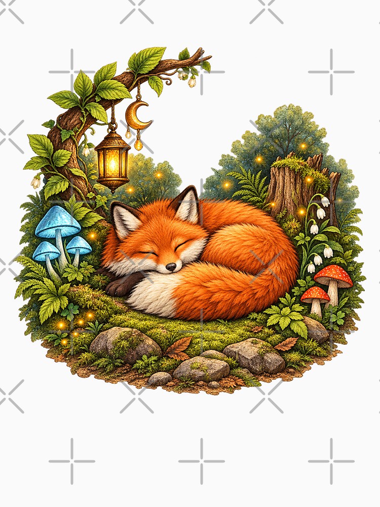 Sleeping Fox in Enchanted Forest – Cozy Woodland Illustration by Claudia Ilie Art