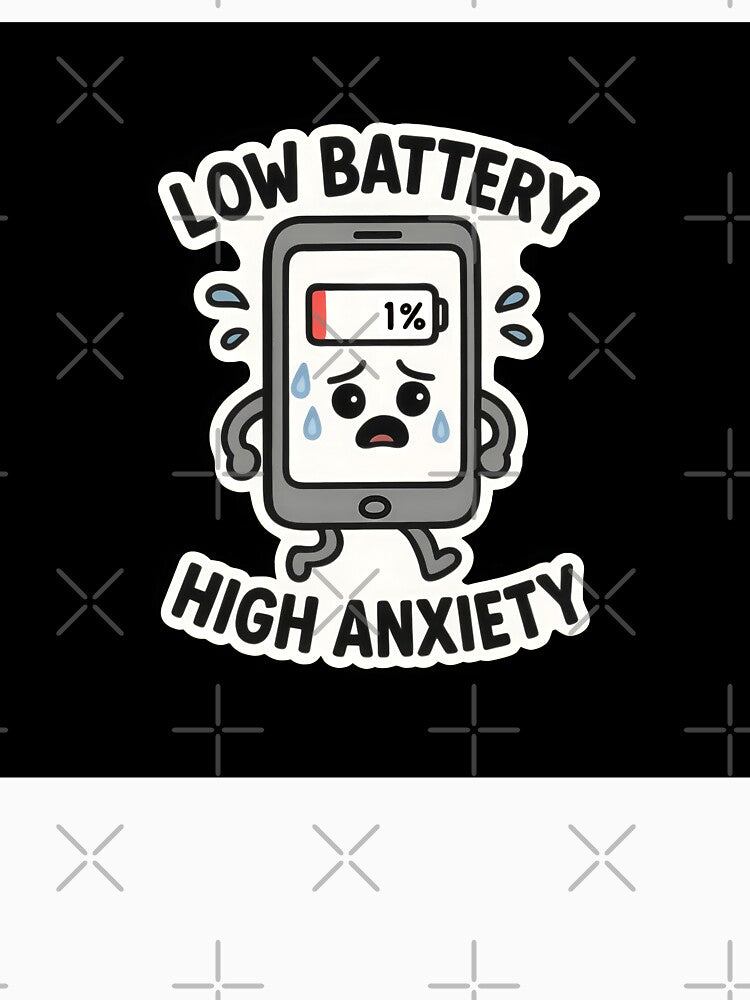 Low Battery, High Anxiety Funny Tech Meme Sticker by NewIndianProducts