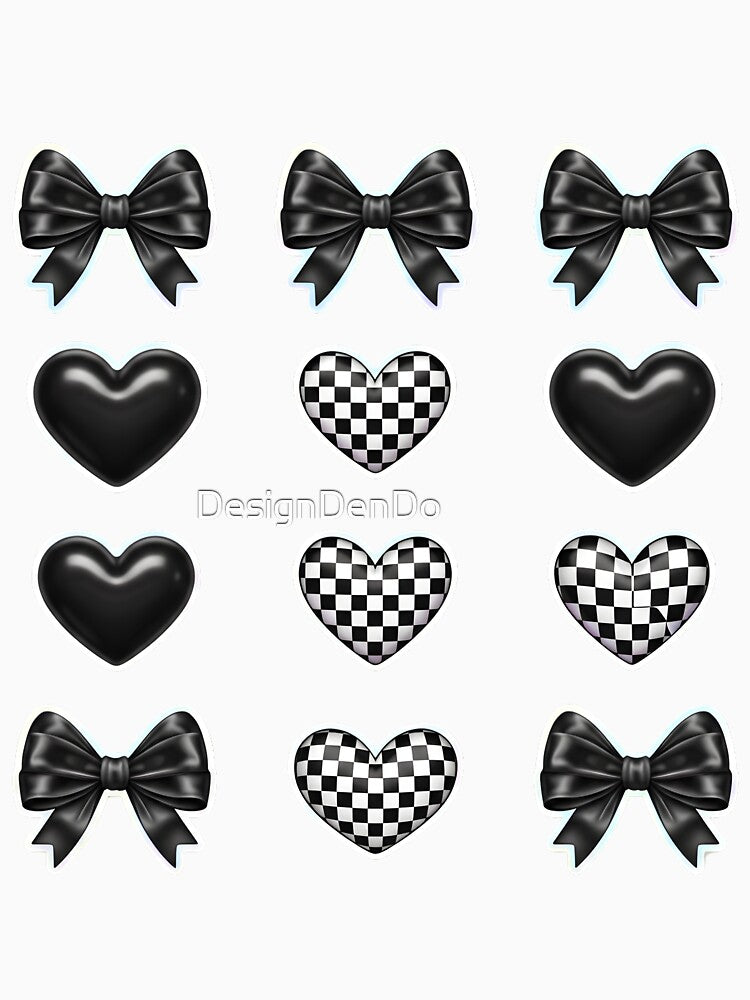 Coquette Valentine Checkered Bow, Checkered Heart Black Heart Valentines Day, Black Bow Checkered Coquette by DesignDenDo ⭐⭐⭐⭐⭐