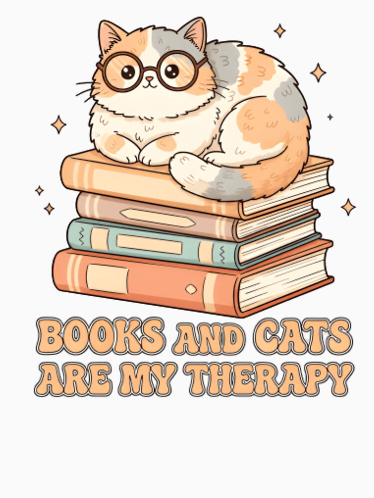 Books and Cats Are My Therapy  Cozy Bookish Cat Lover T‑Shirt & Sticker by ZyxDes