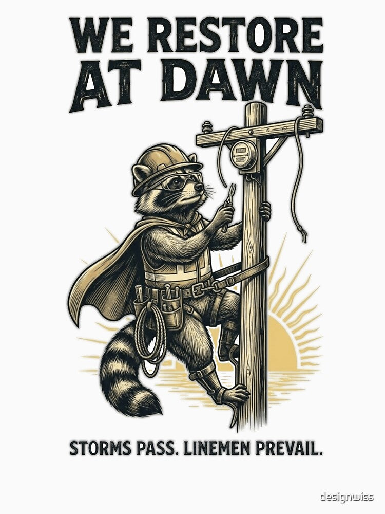 We restore At Dawn, Lineman Raccoon Lineworker Design, Storm Repair by designwiss
