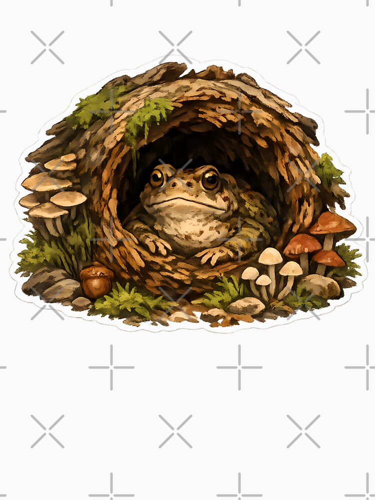 Cozy Toad Log Cottage – Goblincore Forest Frog Sticker by aquaterralife