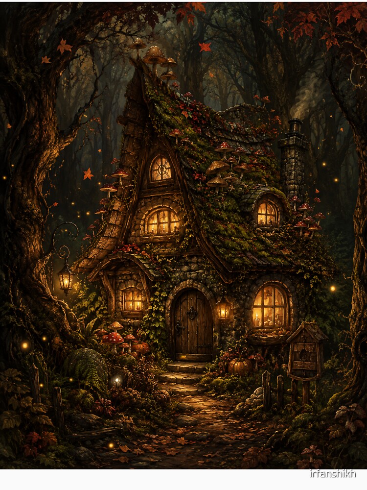Goblincore Enchanted Forest Cottage – Atmospheric Dark Fairy Tale Illustration | Dark Cottagecore Art Gift by irfanshikh