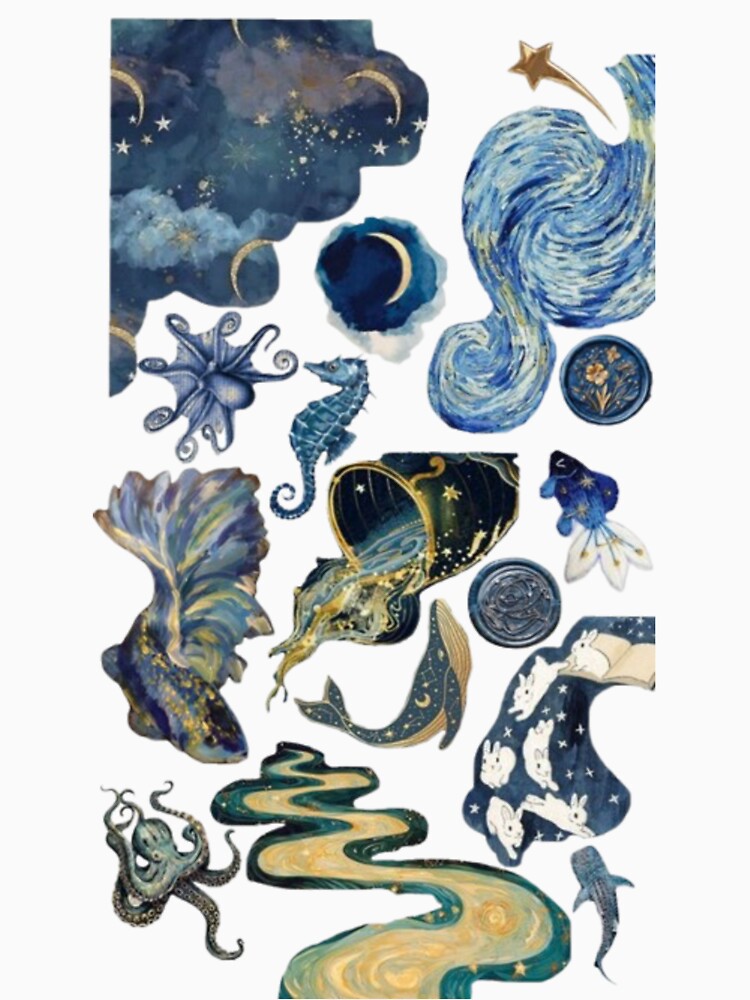 Celestial Ocean Aesthetic Collage | Cosmic Sea Creatures Moon & Stars Design by lilacWhim
