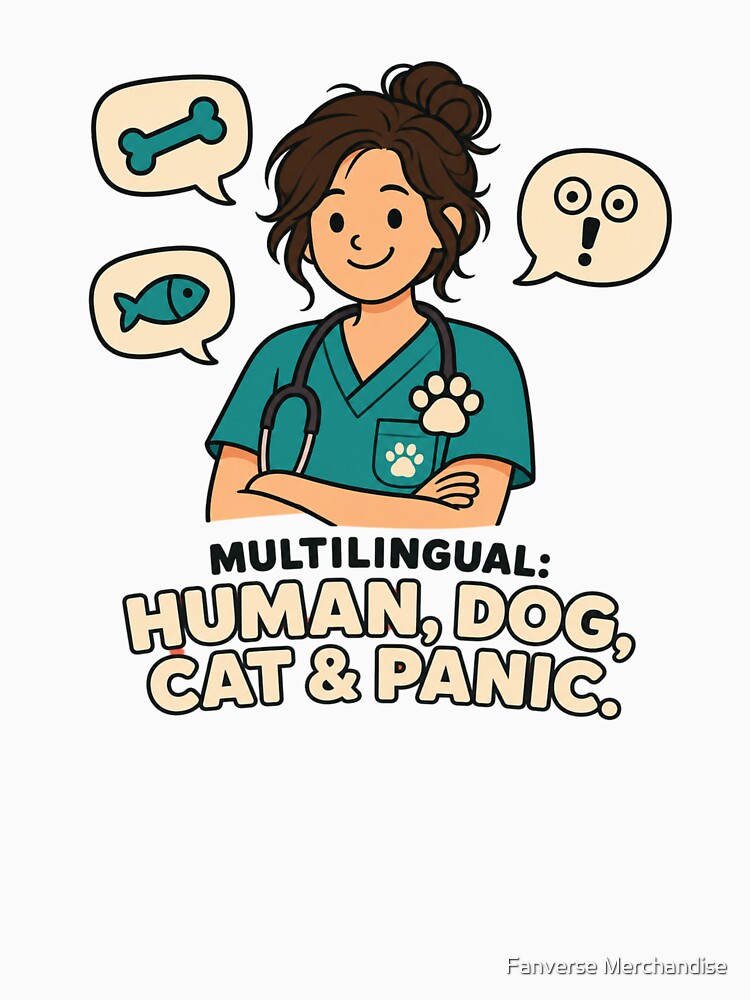 Funny Vet Tech Gift Multilingual Human Dog Cat And Panic Flat Illustration Shirt Veterinary Sticker by Fanverse Merchandise