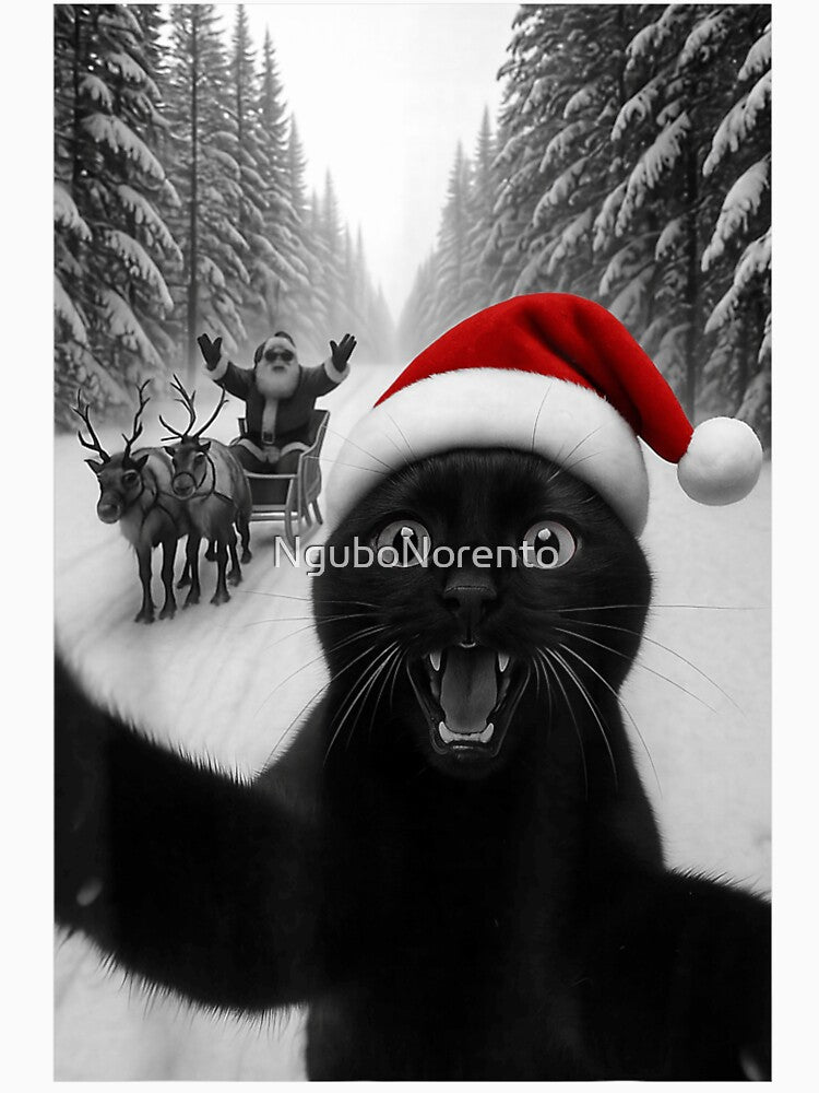 Funny Black Cat Selfie with Santa Claus and Reindeer Sleigh by NguboNorento