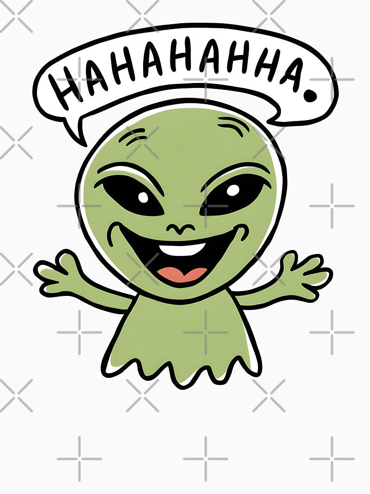Funny Alien Laughing Sticker. Cute UFO Cartoon Meme for Laptop, Water Bottle & T-Shirt by Aknarin Thika