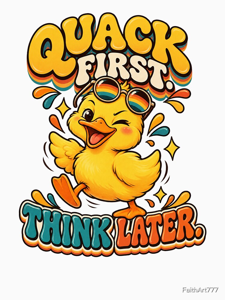Funny Duck – Retro Cartoon + Quack First Think Later T-Shirt by FaithArt777