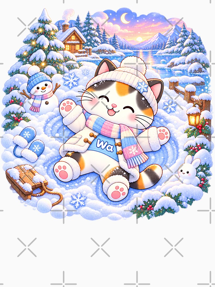 Kawaii Calico Cat Snow Angel Cat Cute Cartoon Animal Design by Wawa5656