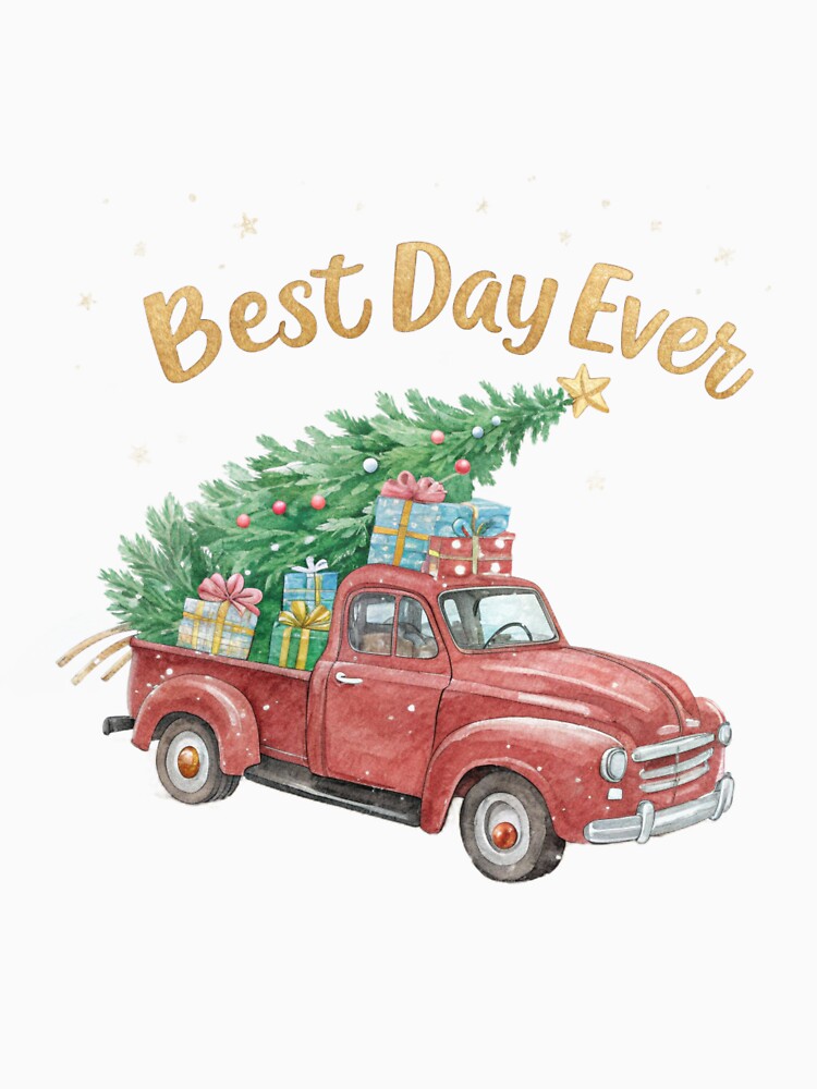 Best Day Ever Christmas Truck – Vintage Red Holiday Pickup with Tree & Gifts | Watercolor Art by Vivo Studio by VivoStudio