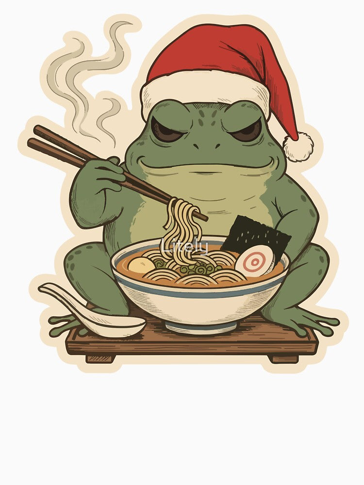 Santa Frog Eating Ramen Noodle Soup by Litely