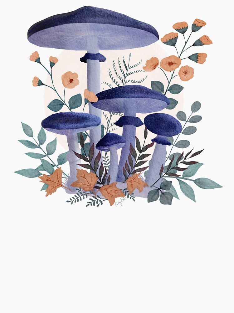 Blue Woodland Mushroom Watercolor Illustration by AmySevArts