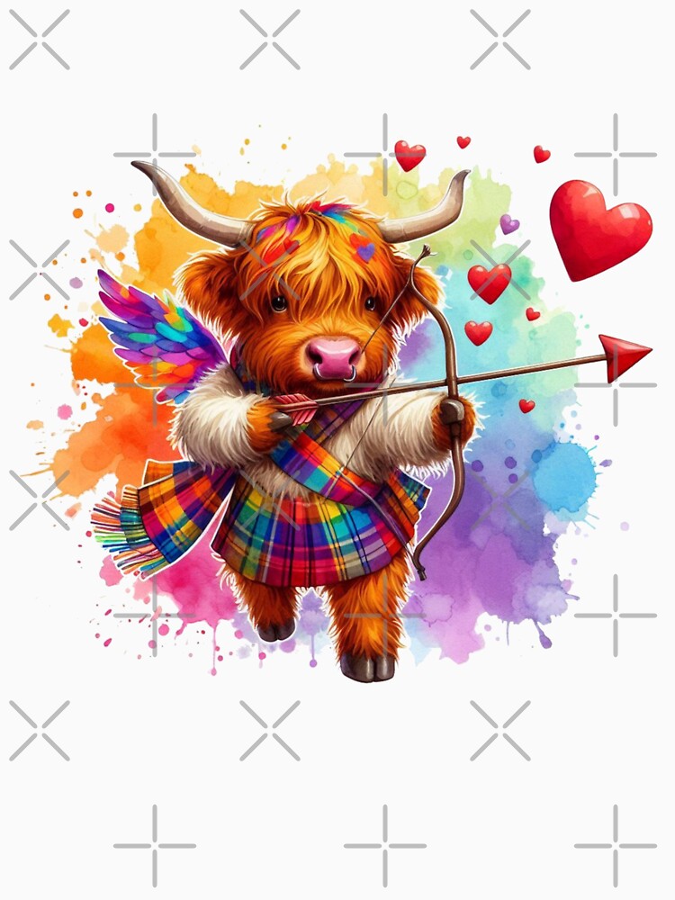 Valentines Cupid Scottish Highland Cow Colorful Watercolor by MaedK