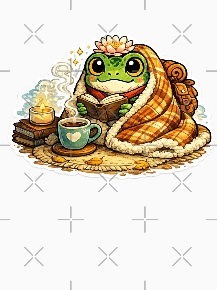 Cozy Reading Frog – Blanket, Book, Lily & Tea Mug Cute Cartoon Aesthetic by ArtsyExplorer