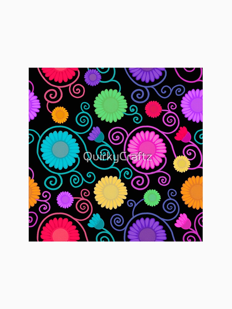 Rainbow flowers and spirals on black by QuirkyCraftz