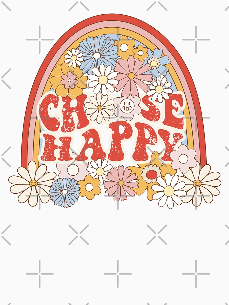 Choose Happy Retro flower rainbow quote repeating pattern, 70s aesthetic, 70s colours by CEB1700