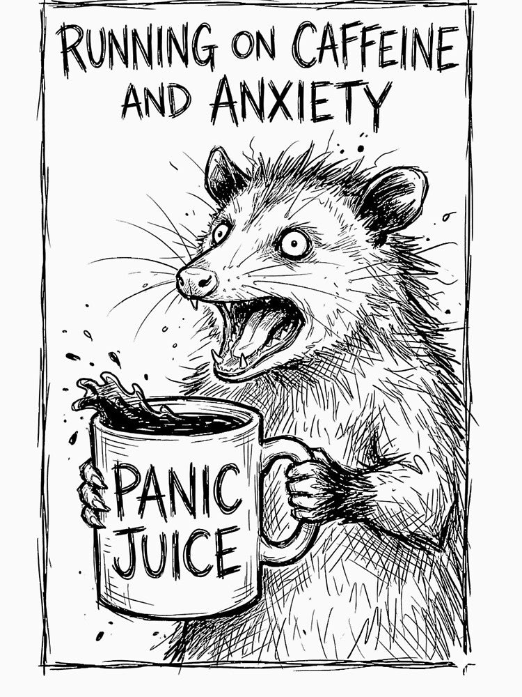 Chaotic Screaming Opossum - Panic Juice - Running on Caffeine and Anxiety - Funny Meme Graphic by warayut