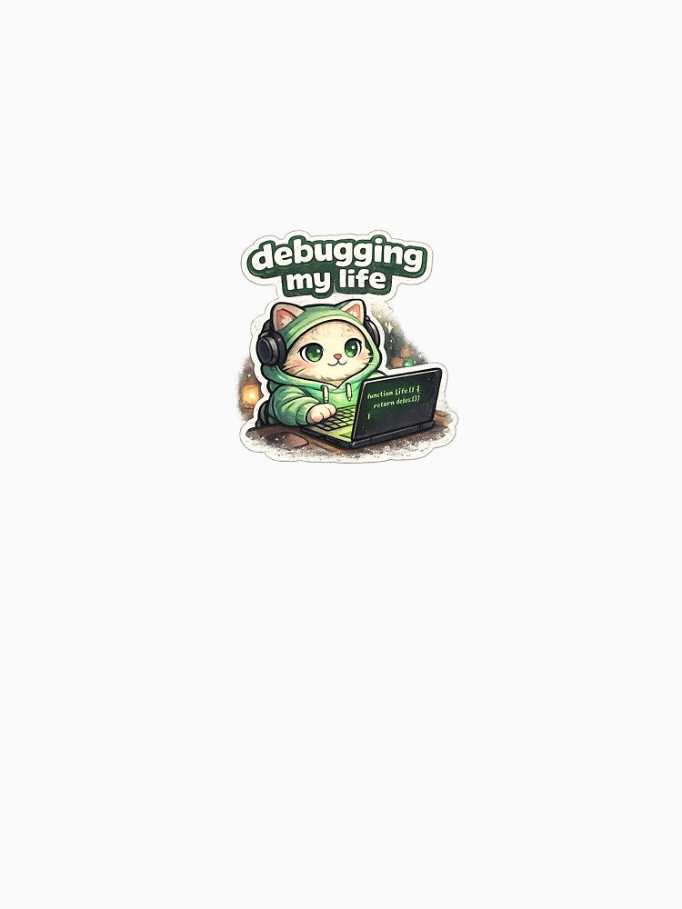 Debugging My Life Cat Sticker – Cute Programmer Cat Coding Aesthetic by VNyA