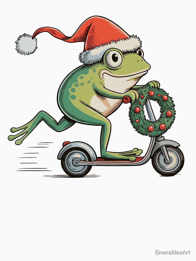 Santa Frog on Scooter – Festive Amphibian Holiday Art by EmeraldeaArt
