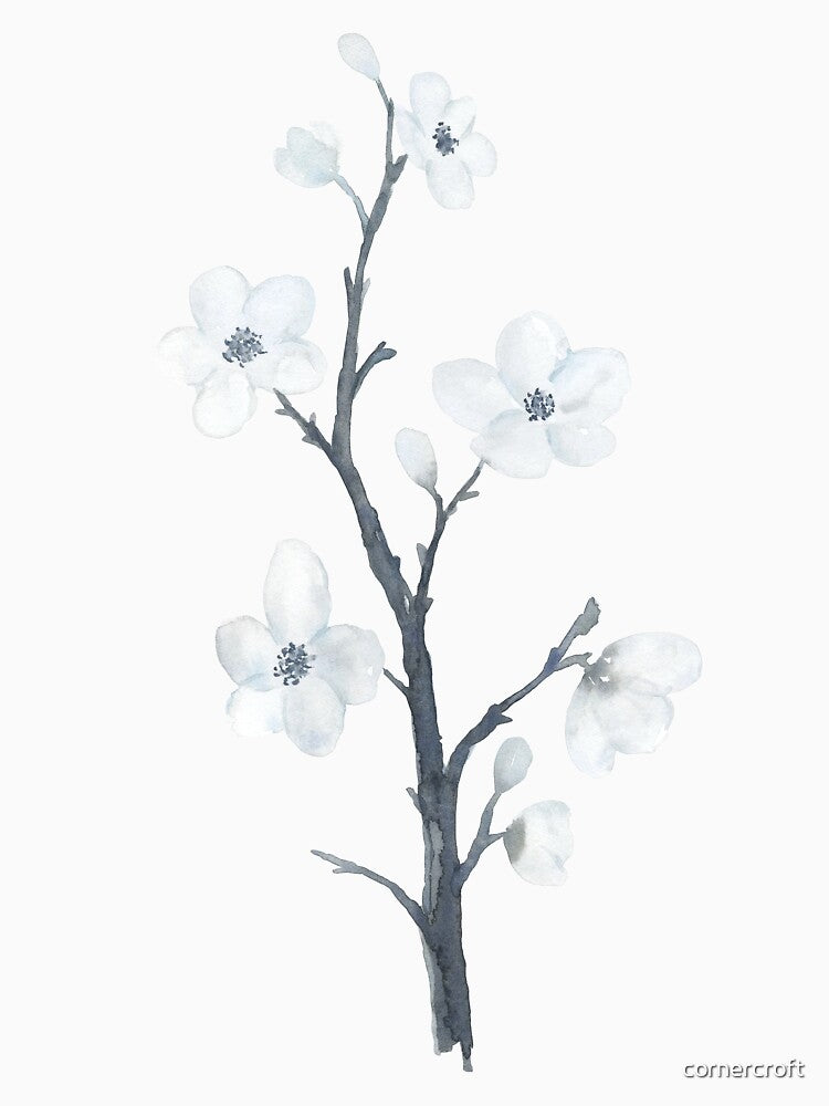 Watercolor White Cherry Blossoms by cornercroft