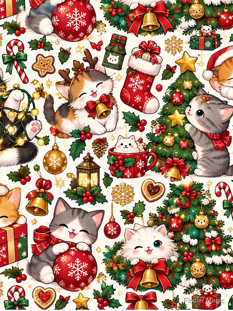 Cute Christmas Cat Pattern – Festive Holiday Kittens by Flower Magic